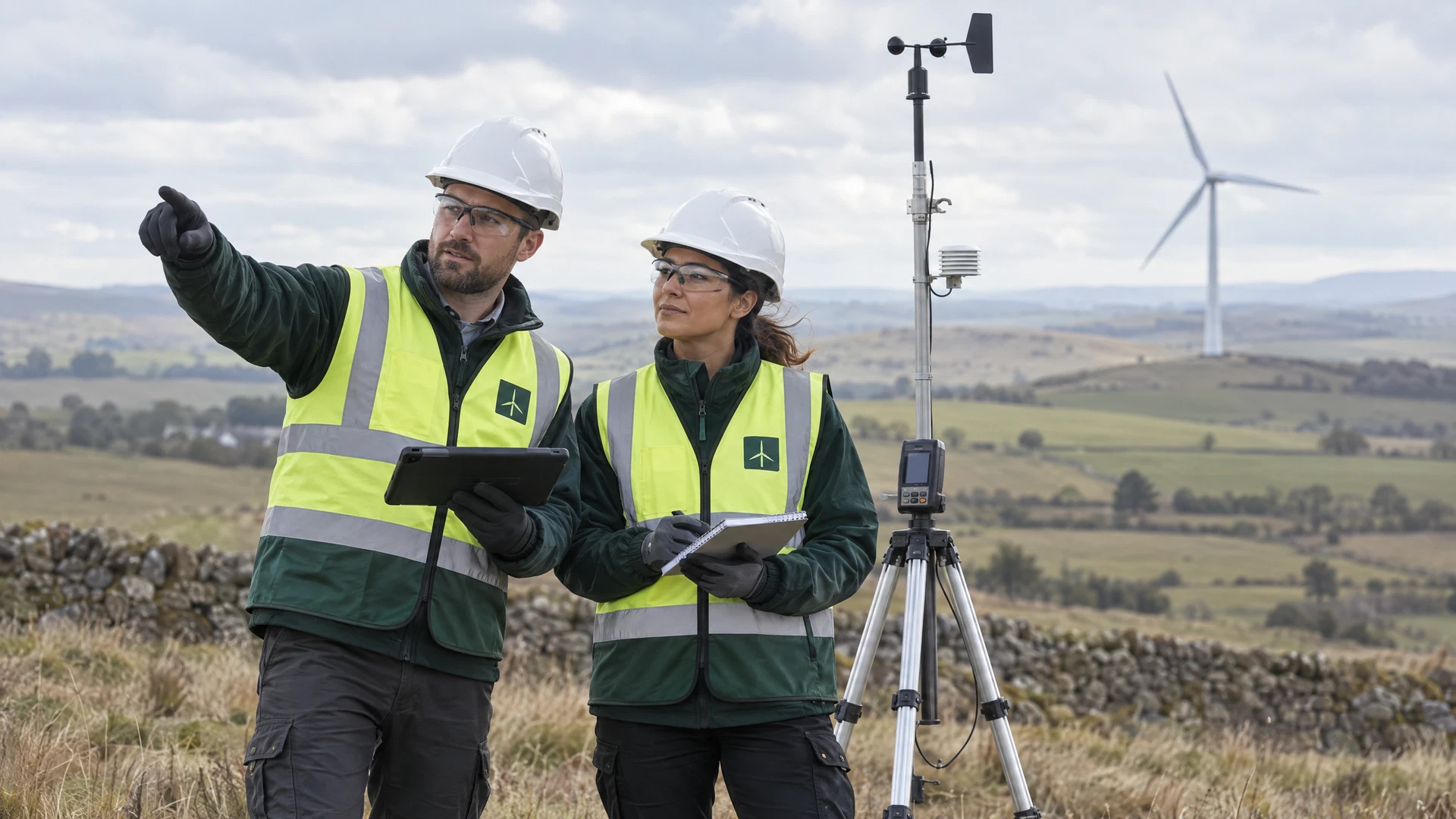 AI-generated concept of two fictional adult wind-energy workers in matching EJ Legacy Energy-style chartreuse vests, turbine-emblem patches, white hard hats and safety glasses surveying beside an anemometer mast.