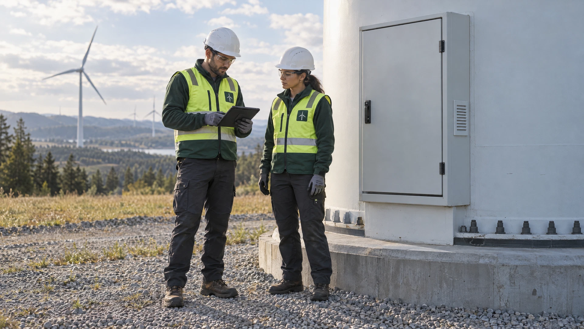 AI-generated concept of two fictional adult wind technicians in company-style high-visibility vests and white hard hats completing a ground-level turbine control checklist.